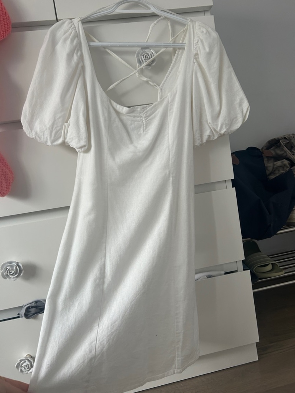 Women’s White Puff-Sleeve Mini Dress with Back Tie